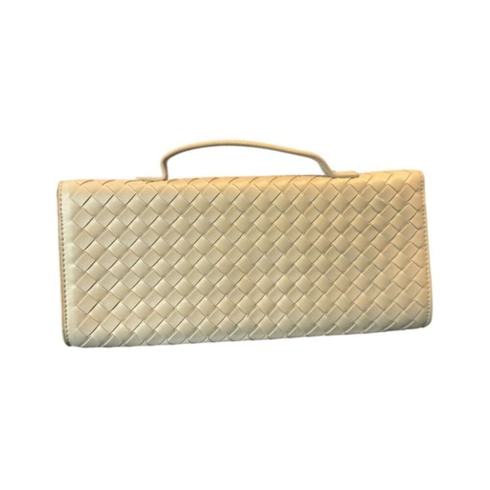 * Cream Faux Woven Leather Clutch Handbag With Shoulder Strap - Picture 3 of 7